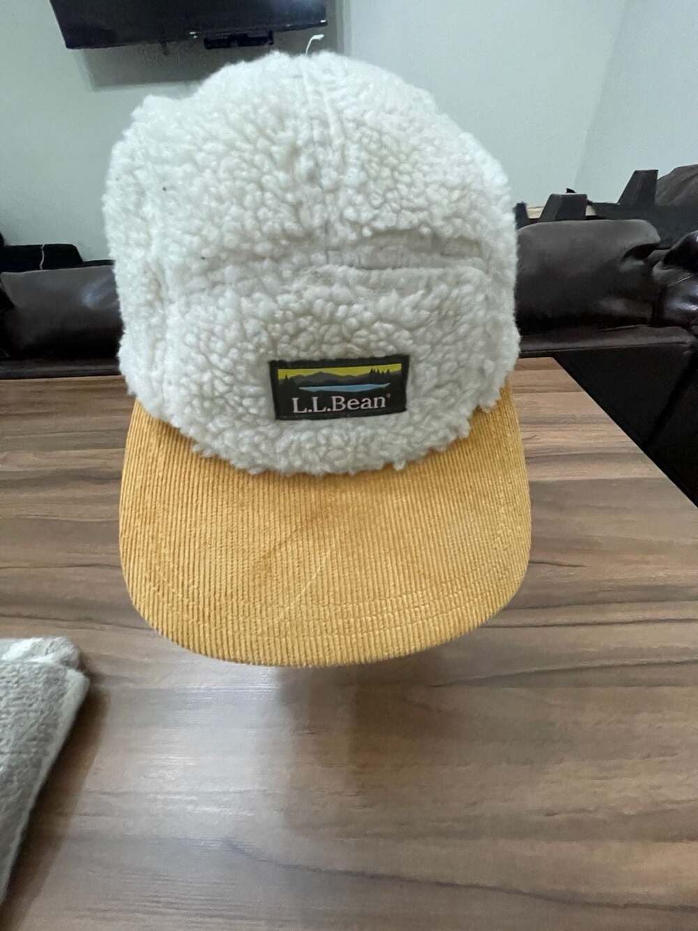 L.L. Bean Hat OSFA Off White Fleece Yellow Corduroy